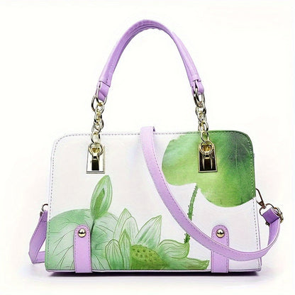 Lifestyle Image with Elegant Floral Print Satchel Bag