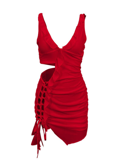 Sexy V-Neck Mini Dress With Ruffle Detail
