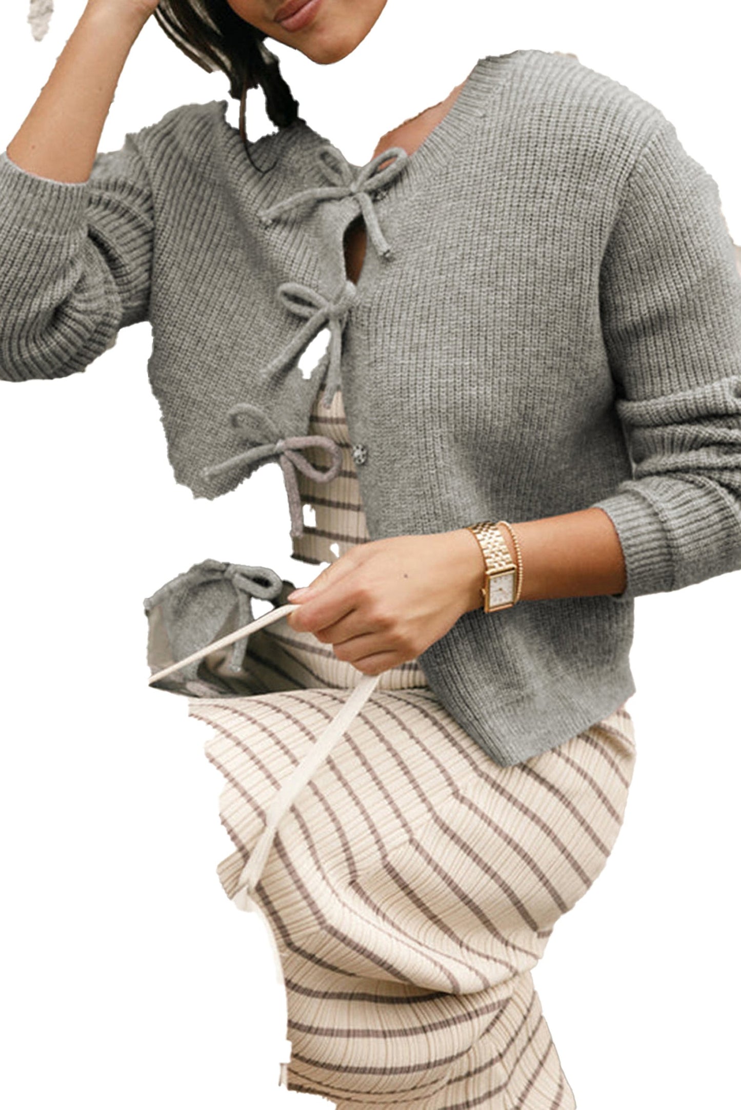 Gray Ribbed Knit Cardigan For Women