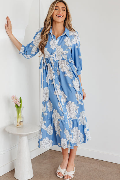 Sky Blue Floral Maxi Dress Buttoned Flowy