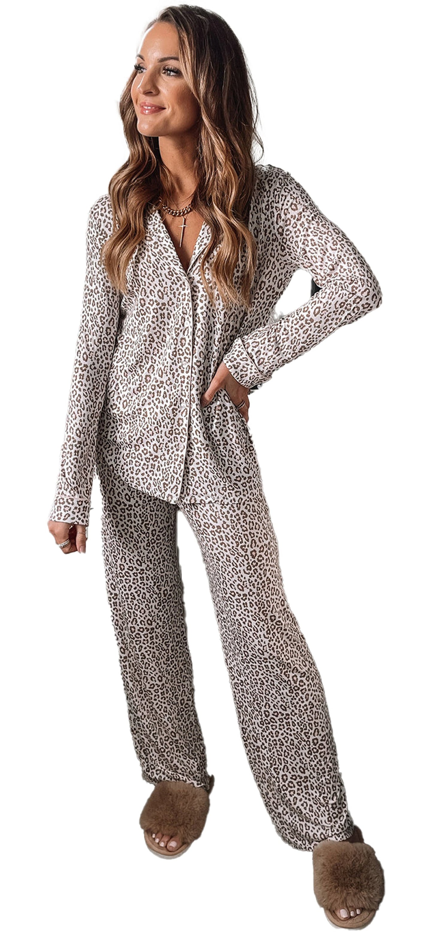 White Leopard Print Pajama Set For Comfort