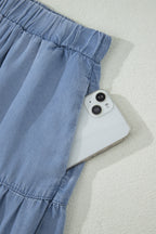 Beau Blue Elastic Waist Ruffled Tiered Flared Denim Maxi Skirt