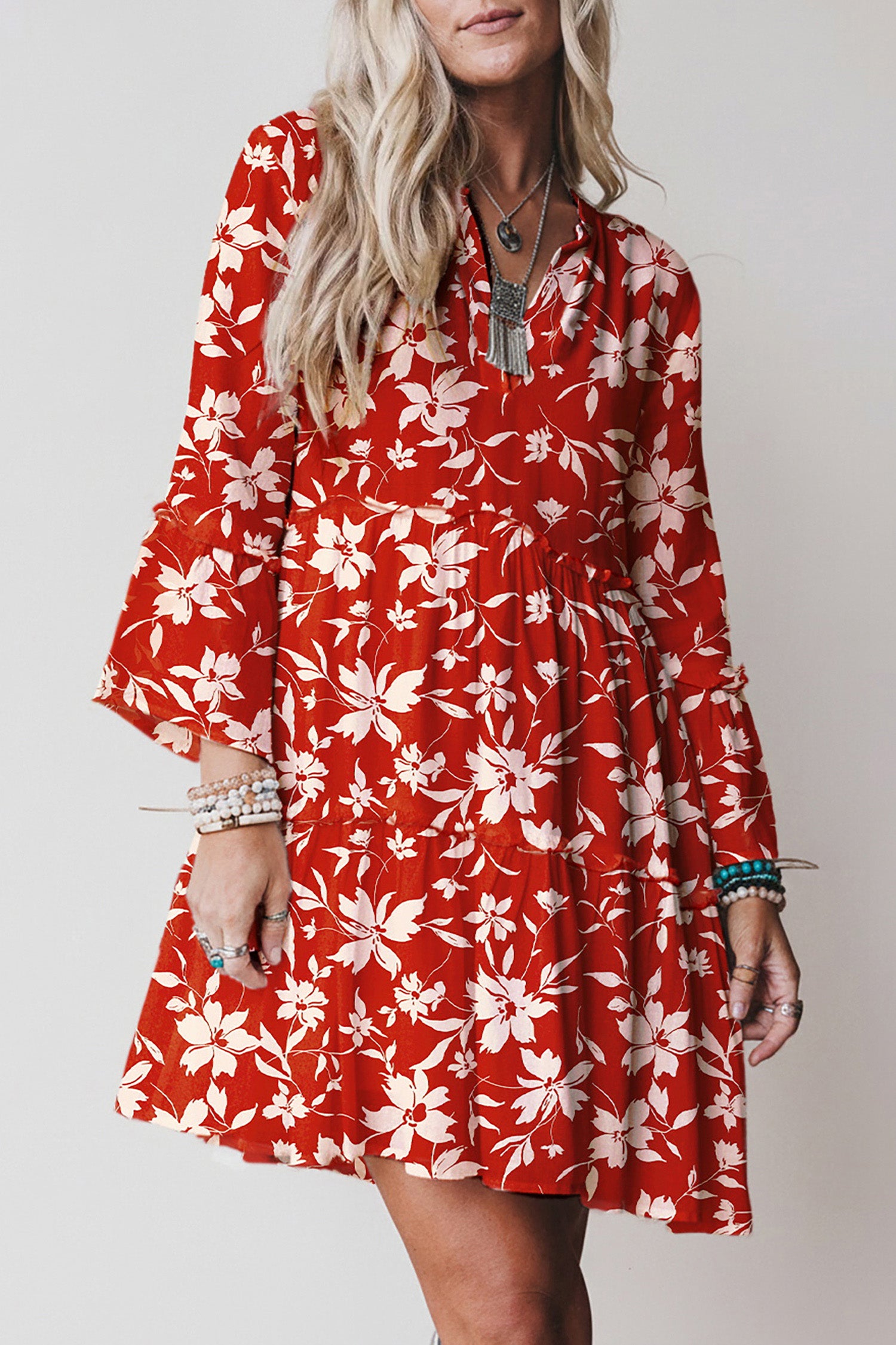 Blue Boho Floral Print Lettuce Trim 3/4 Sleeve Mini Dress