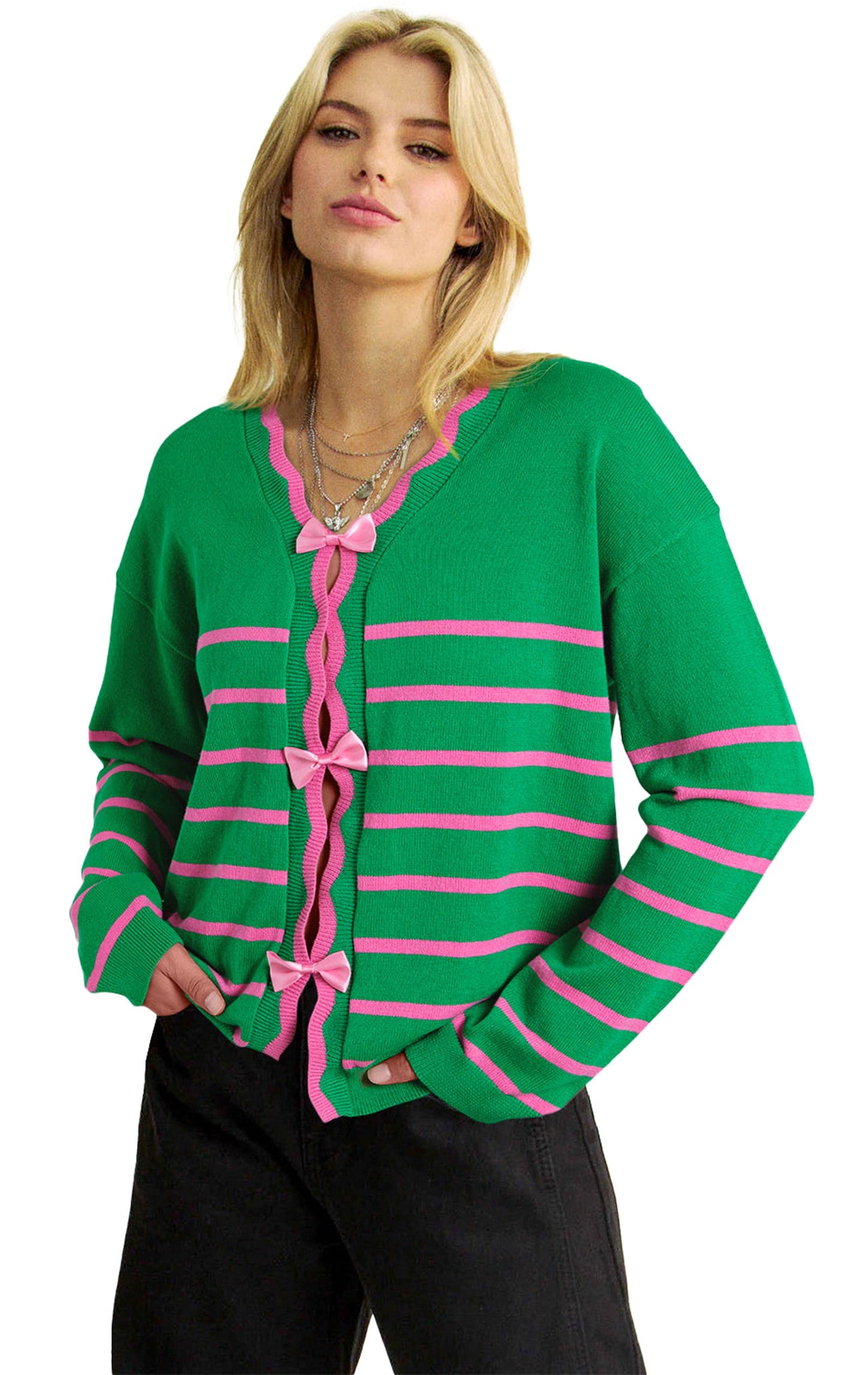 Green Stripe Bow Sweater Cardigan