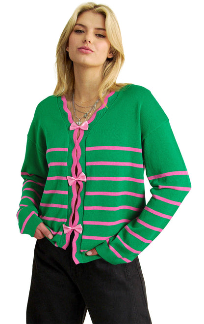 Green Stripe Bow Sweater Cardigan