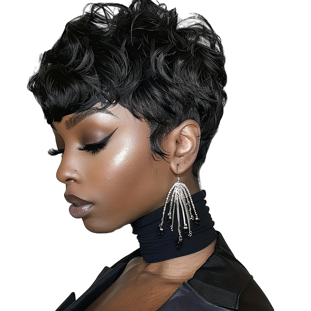 Short curly pixie cut wig in black, styled for a chic and fashionable look
