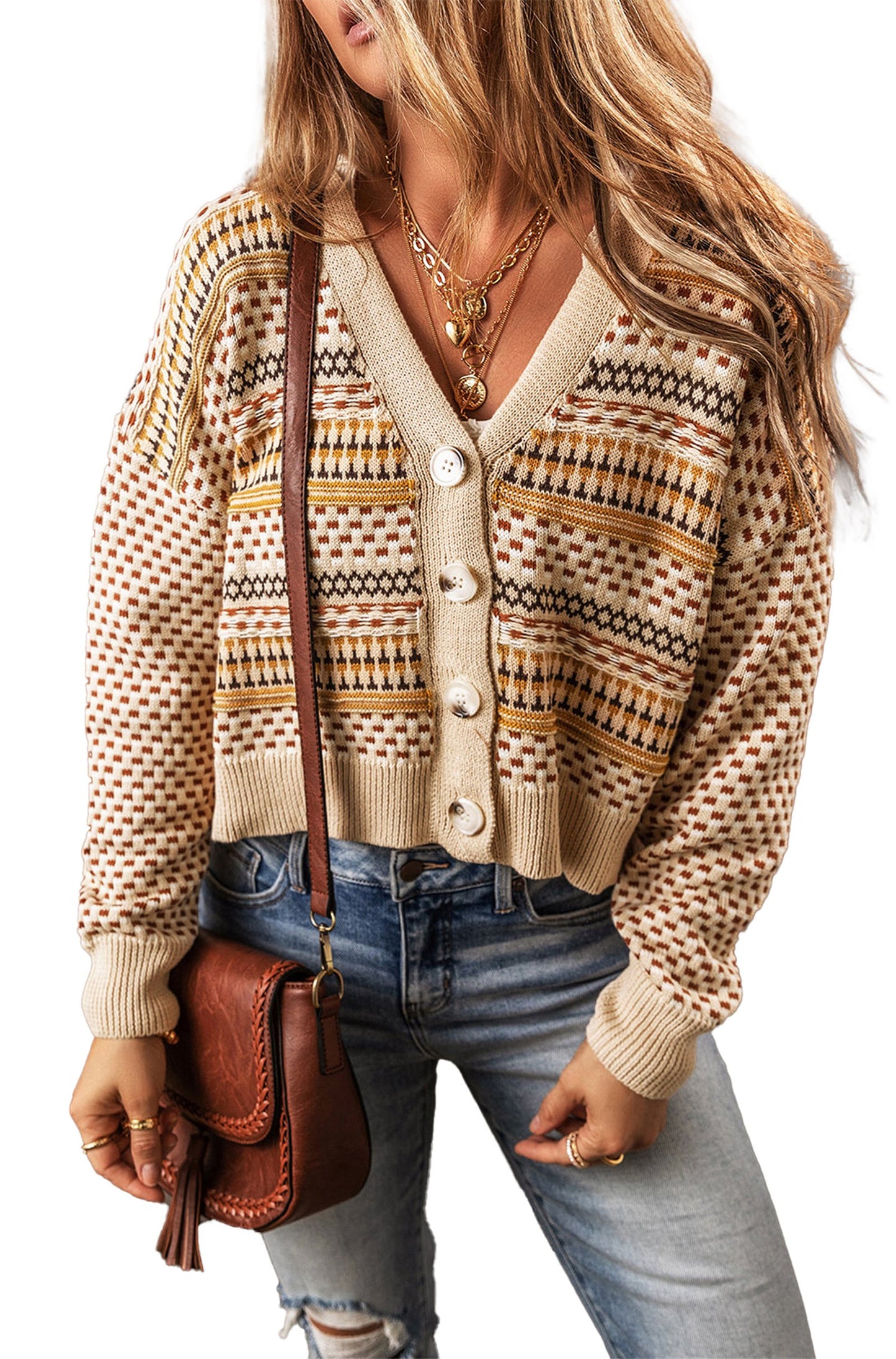 Khaki Buttoned V Neck Cropped Cardigan