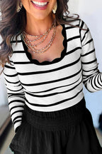 Black And White Striped Scalloped Sweater