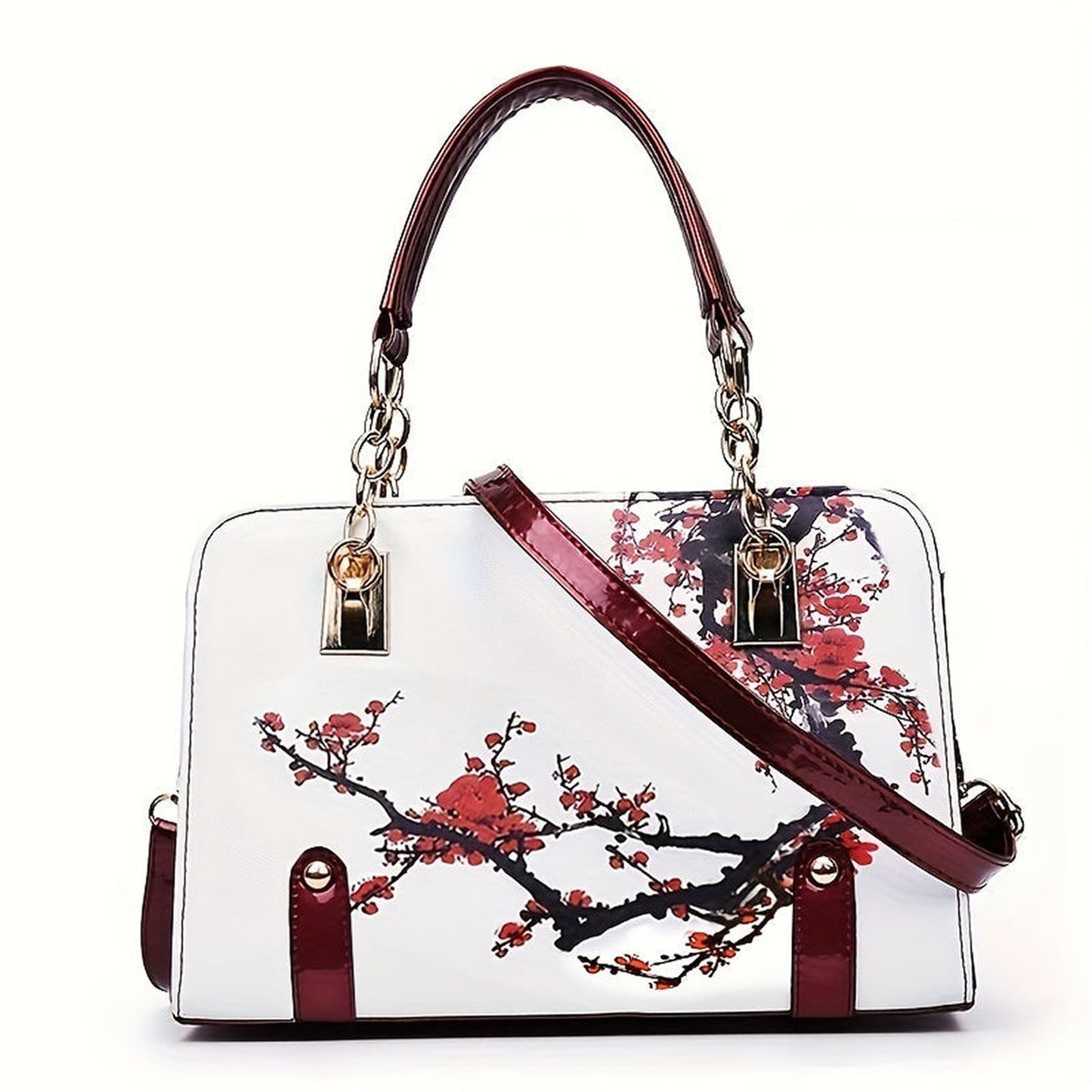 Interior View of Elegant Floral Print Satchel Bag