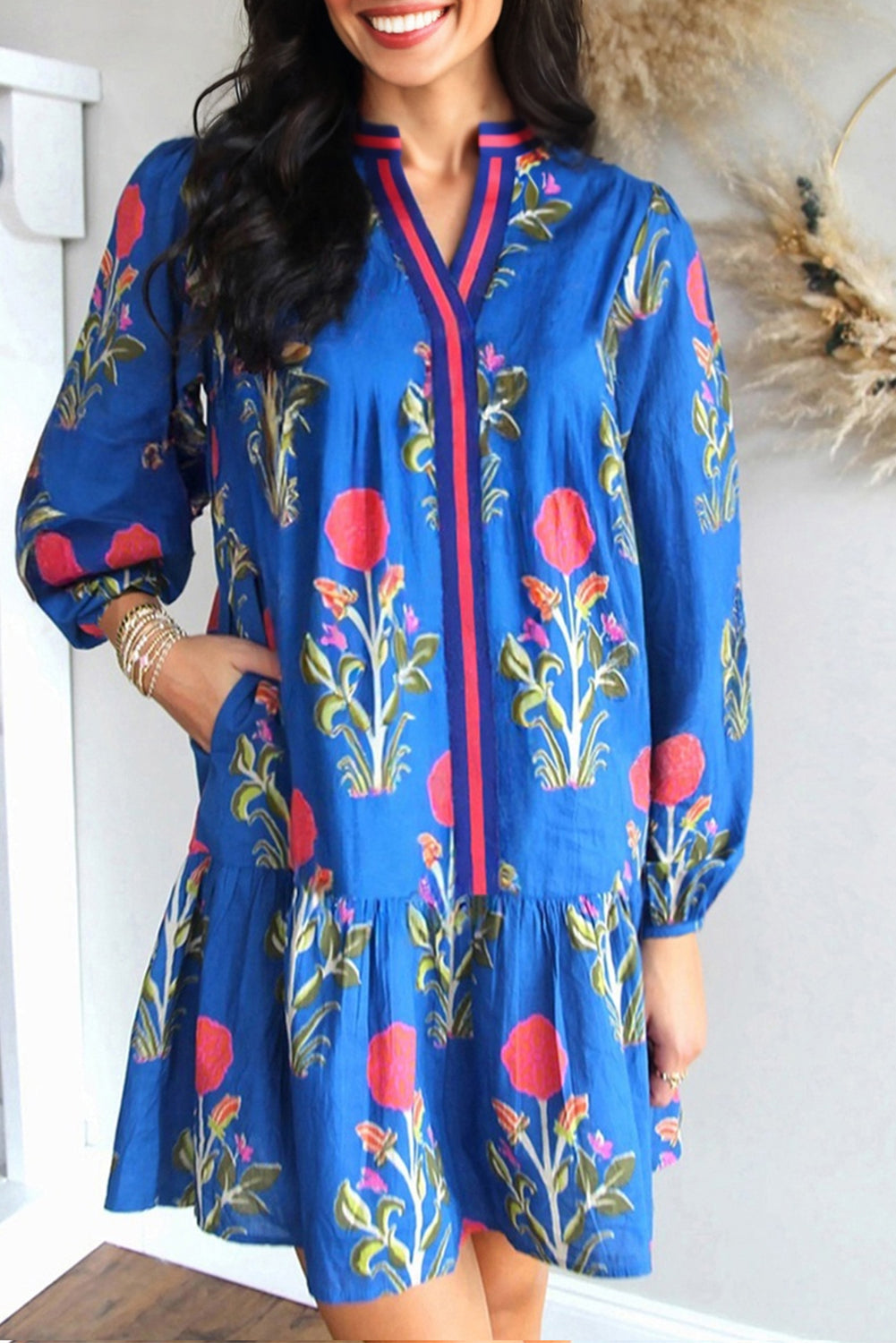 Sky Blue Floral Print Dress V-Neck, Pockets