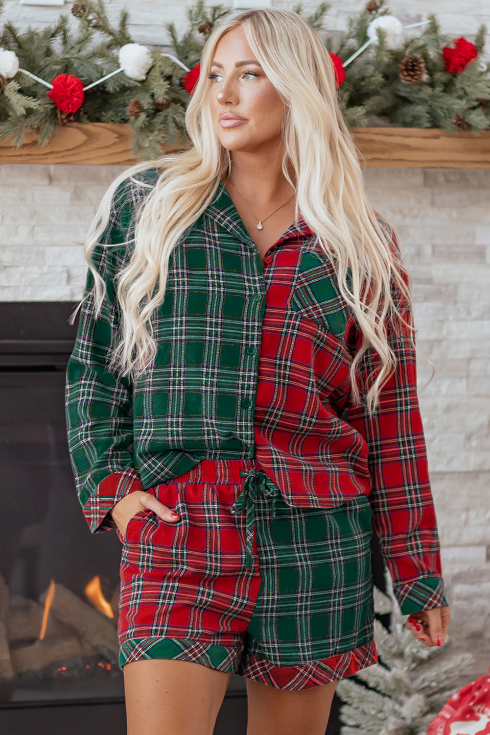 Red Plaid Christmas Pajamas Set For Women