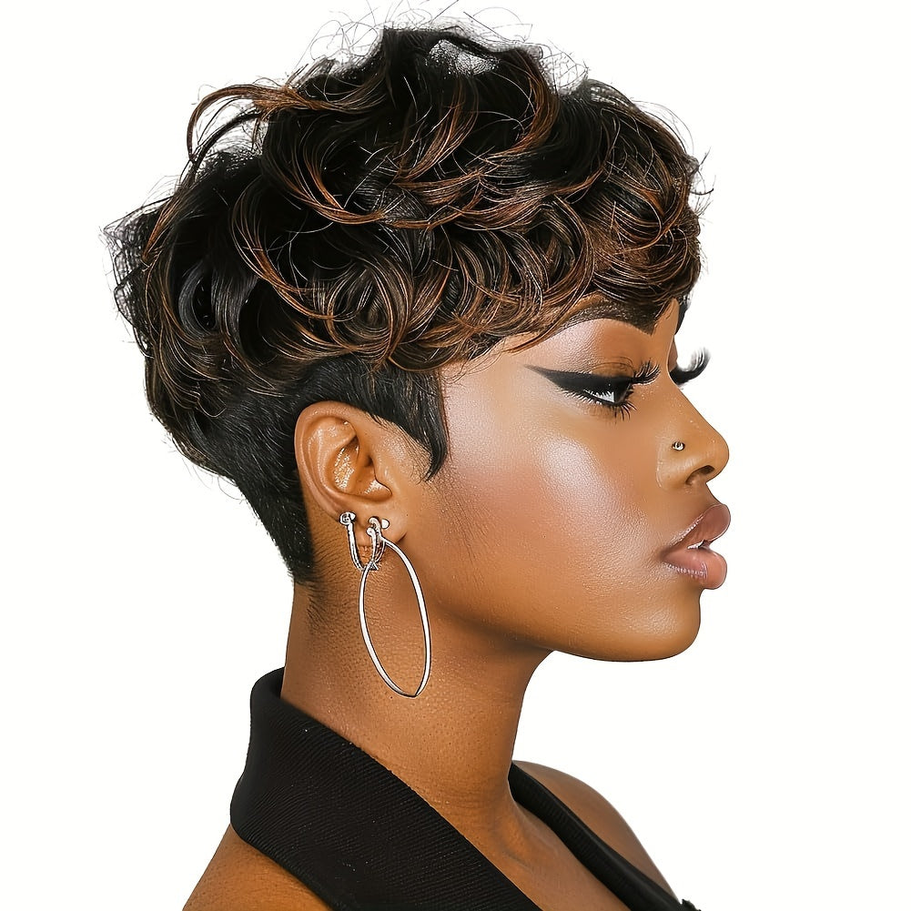 Short curly pixie cut wig by LuckeLadybug LLC in a stylish, elegant design for a chic look