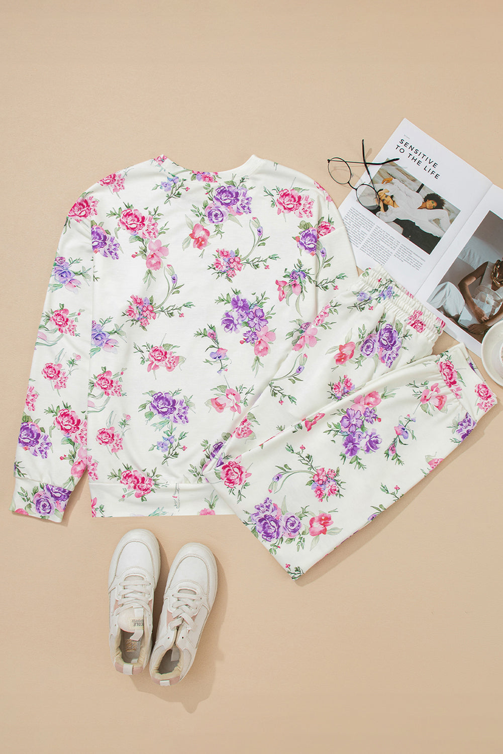 Apricot Floral Print Pullover Drawstring Lounge Pants Set
