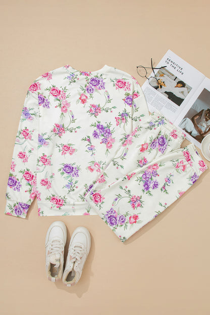Apricot Floral Print Pullover Drawstring Lounge Pants Set