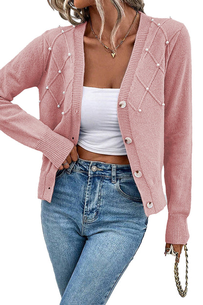 Pearl Beaded Knit Cardigan In Pink