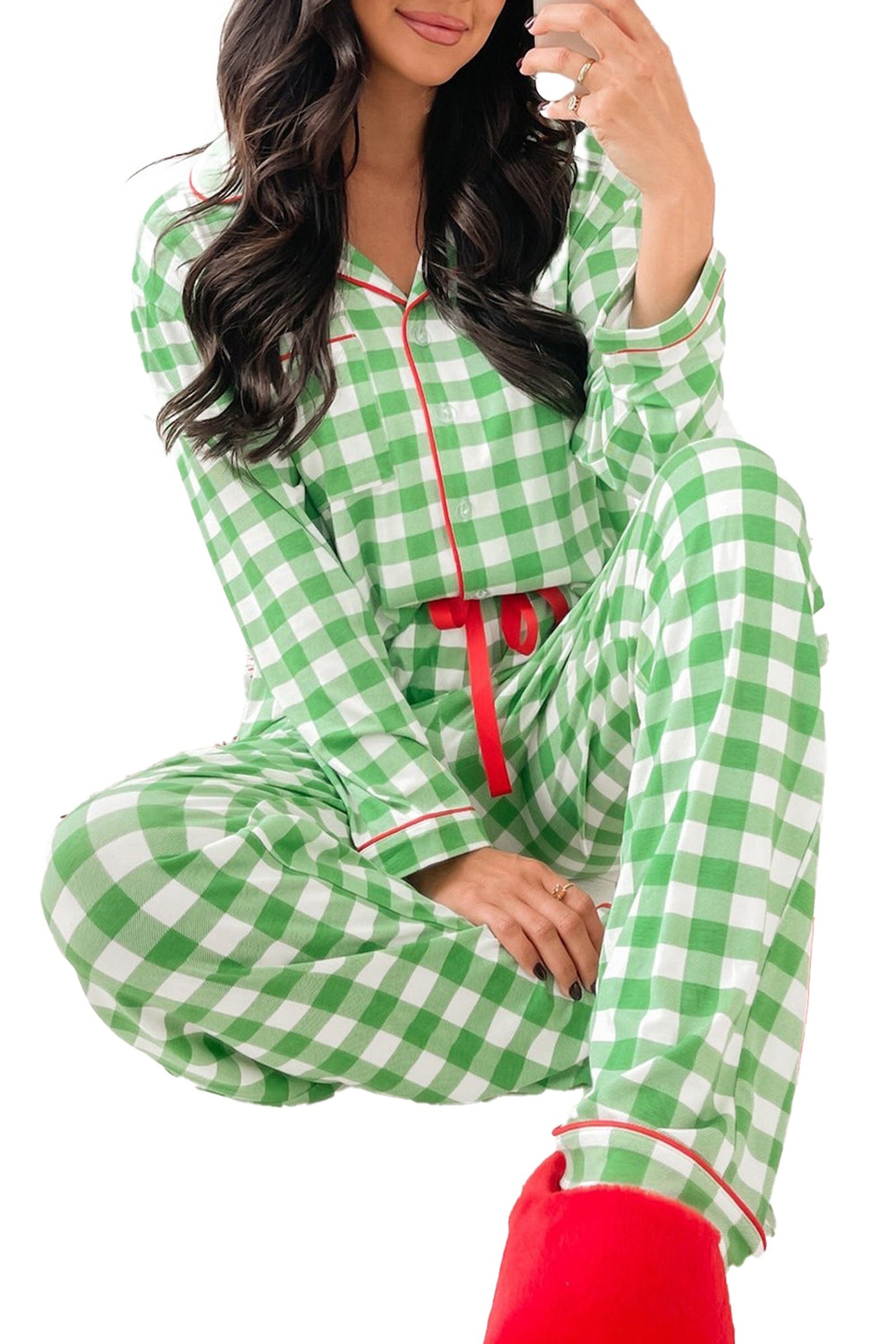 Light Green Plaid Christmas Pajamas Set