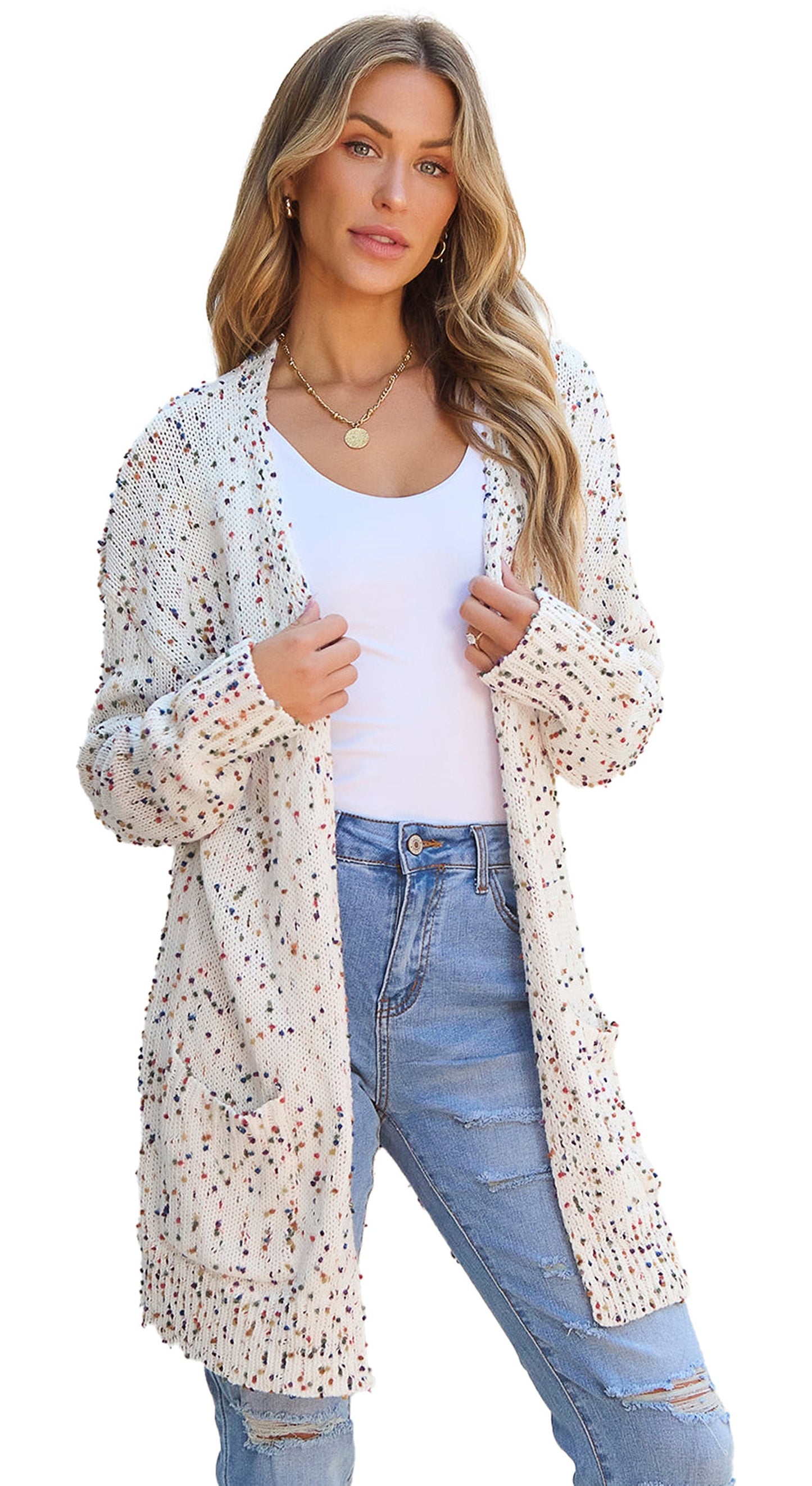 White Confetti Rib Knit Cardigan