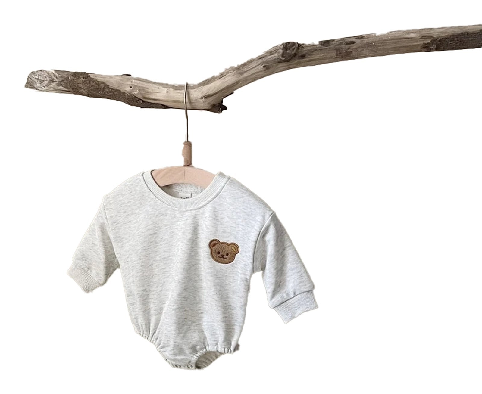 LuckeLadybug LLC baby bear bodysuit long sleeve in gray with an adorable bear patch