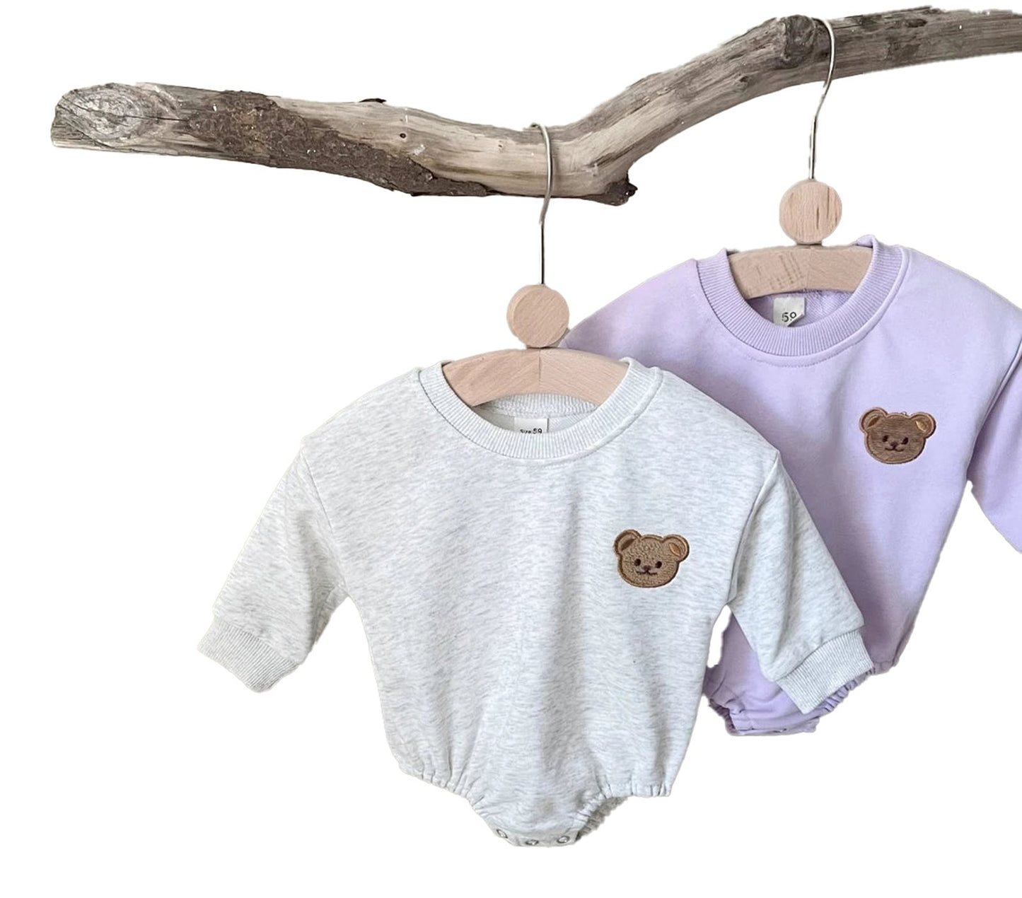 LuckeLadybug LLC baby bear bodysuit long sleeve in gray and lavender with cute bear patch detail
