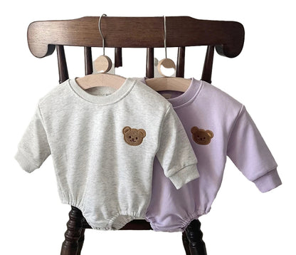 Two baby bear bodysuits long sleeve in gray and purple with cute bear patch for infants