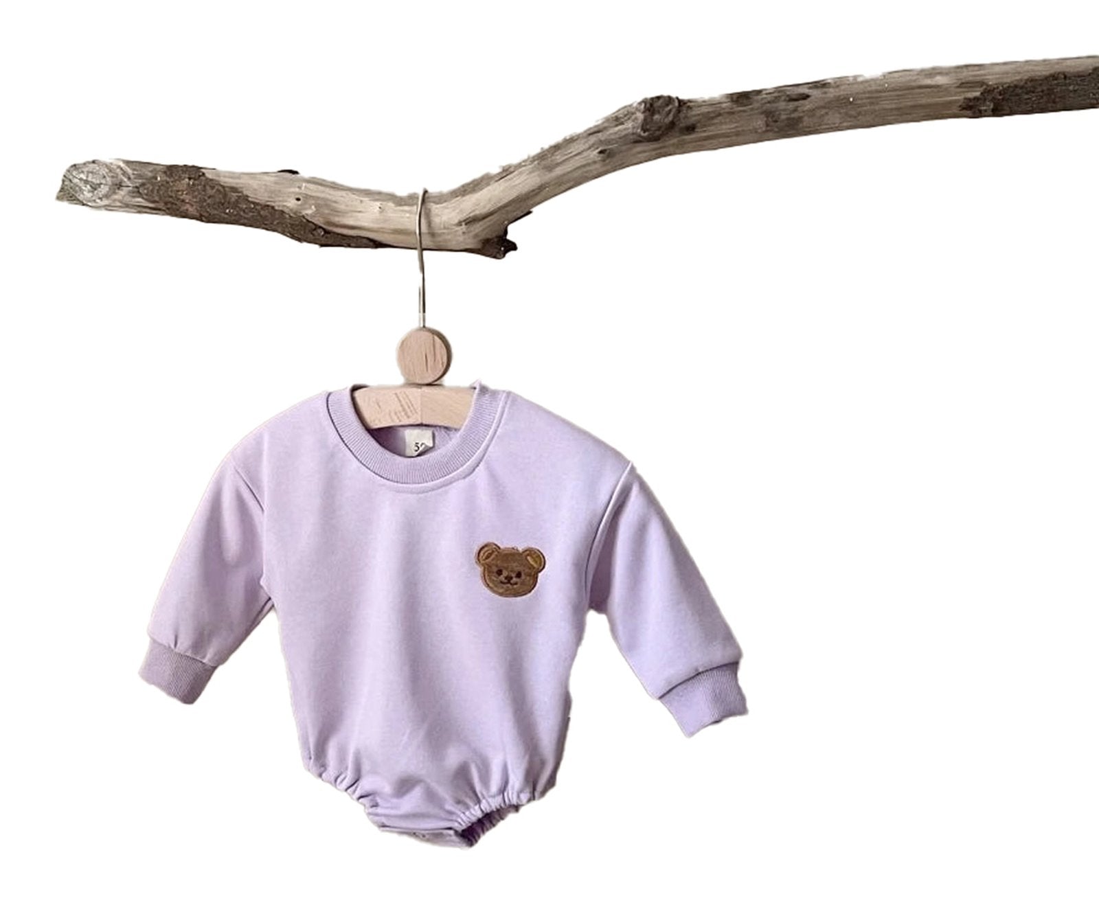 LuckeLadybug LLC Baby Bear Bodysuit Long Sleeve in Light Purple with Cute Bear Patch