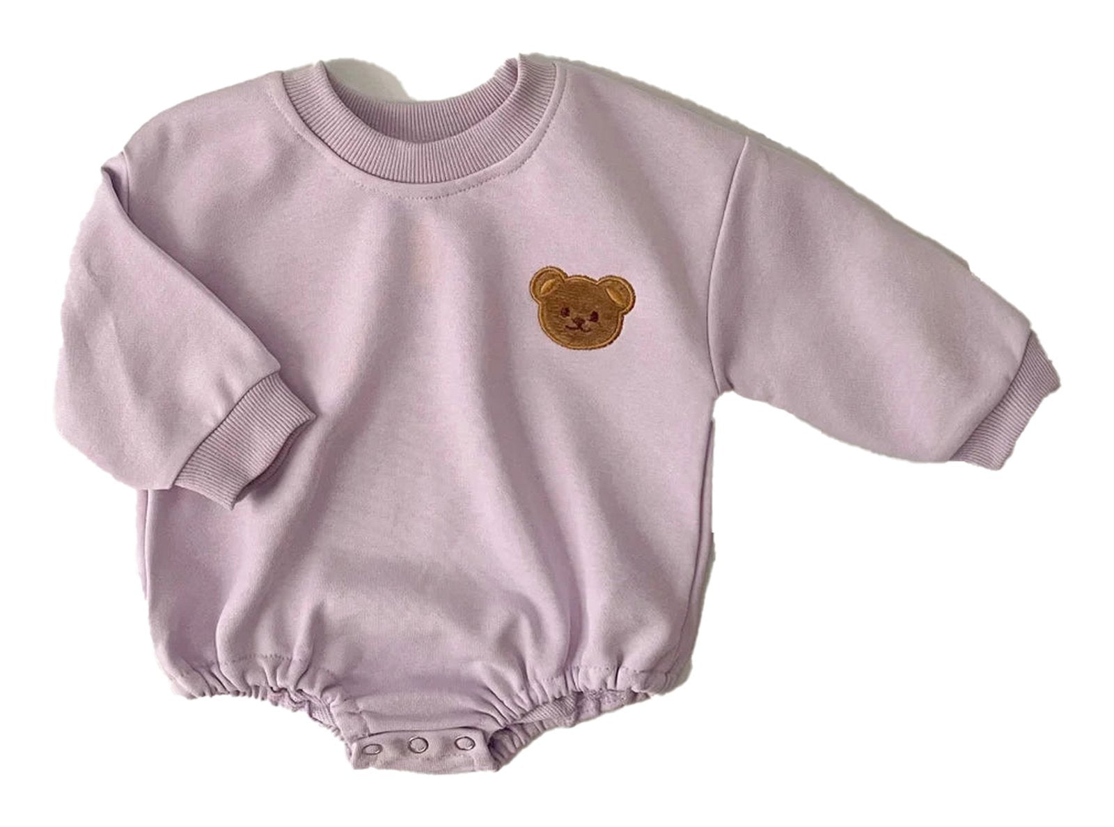 LuckeLadybug LLC baby bear bodysuit long sleeve in light purple with cute bear embroidery