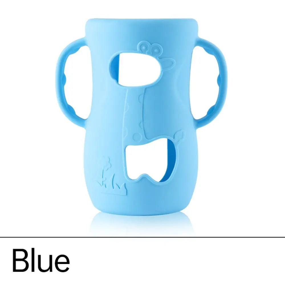 Blue silicone cover for baby bottle warmer with easy-grip handles and playful design