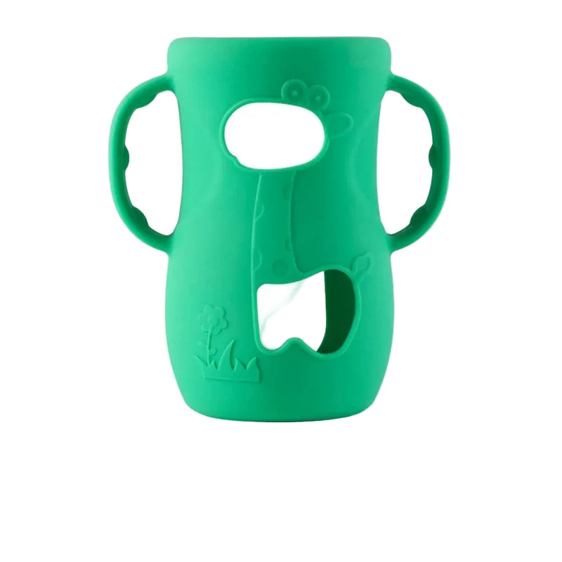 Green silicone cover for baby bottle warmer with easy-grip handles for comfort