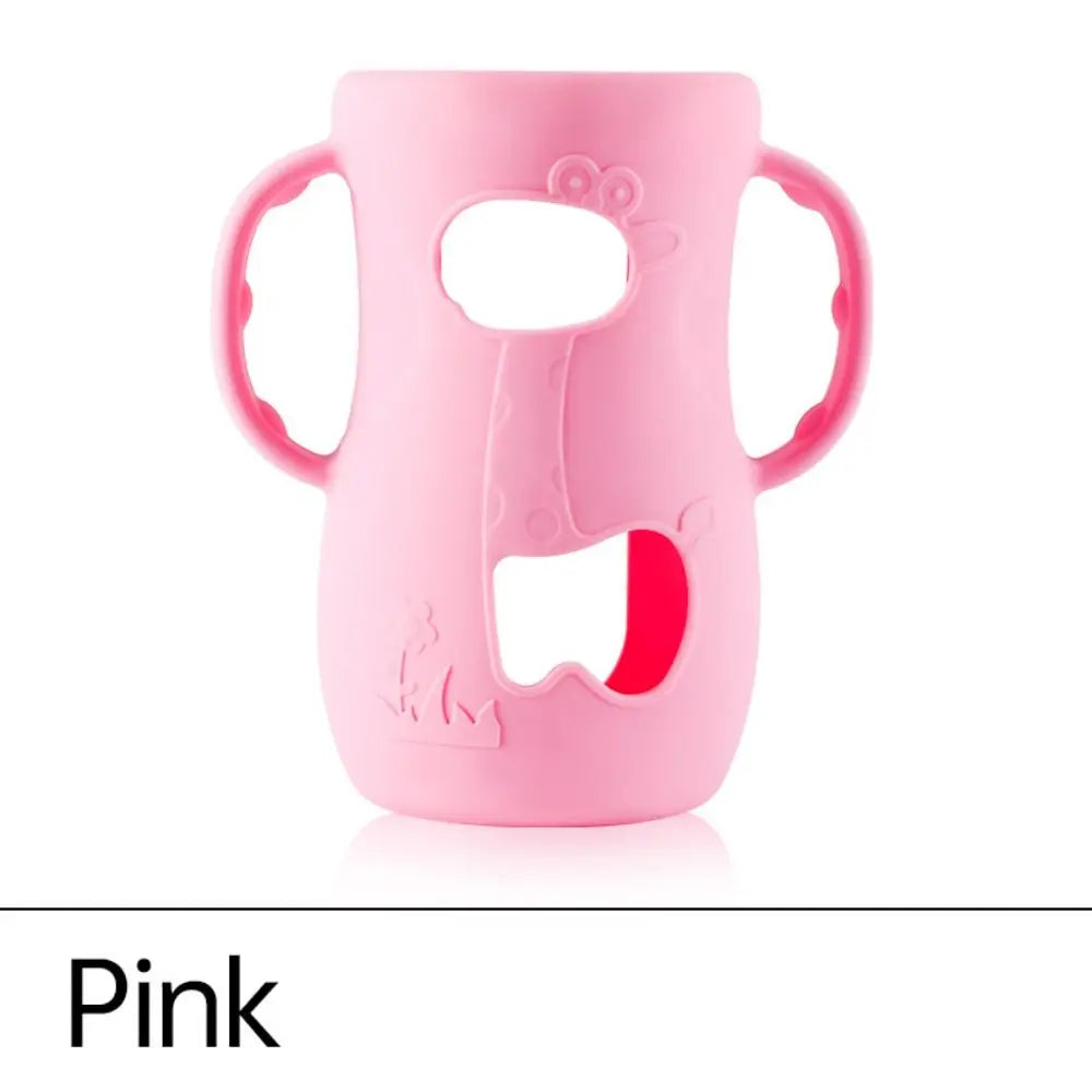 Pink silicone cover for baby bottle warmer with easy-grip handles for better handling