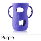 Purple silicone cover for baby bottle warmer with easy grip handles and cute designs
