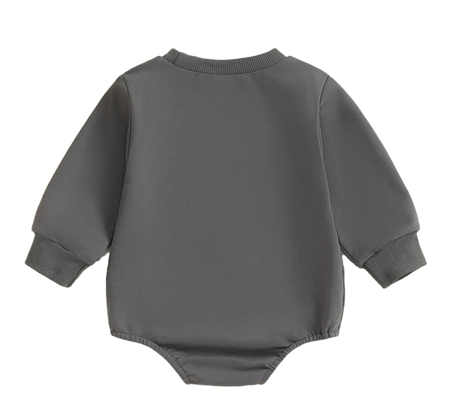 Back view of a gray baby boy Halloween romper with long sleeves and soft fabric