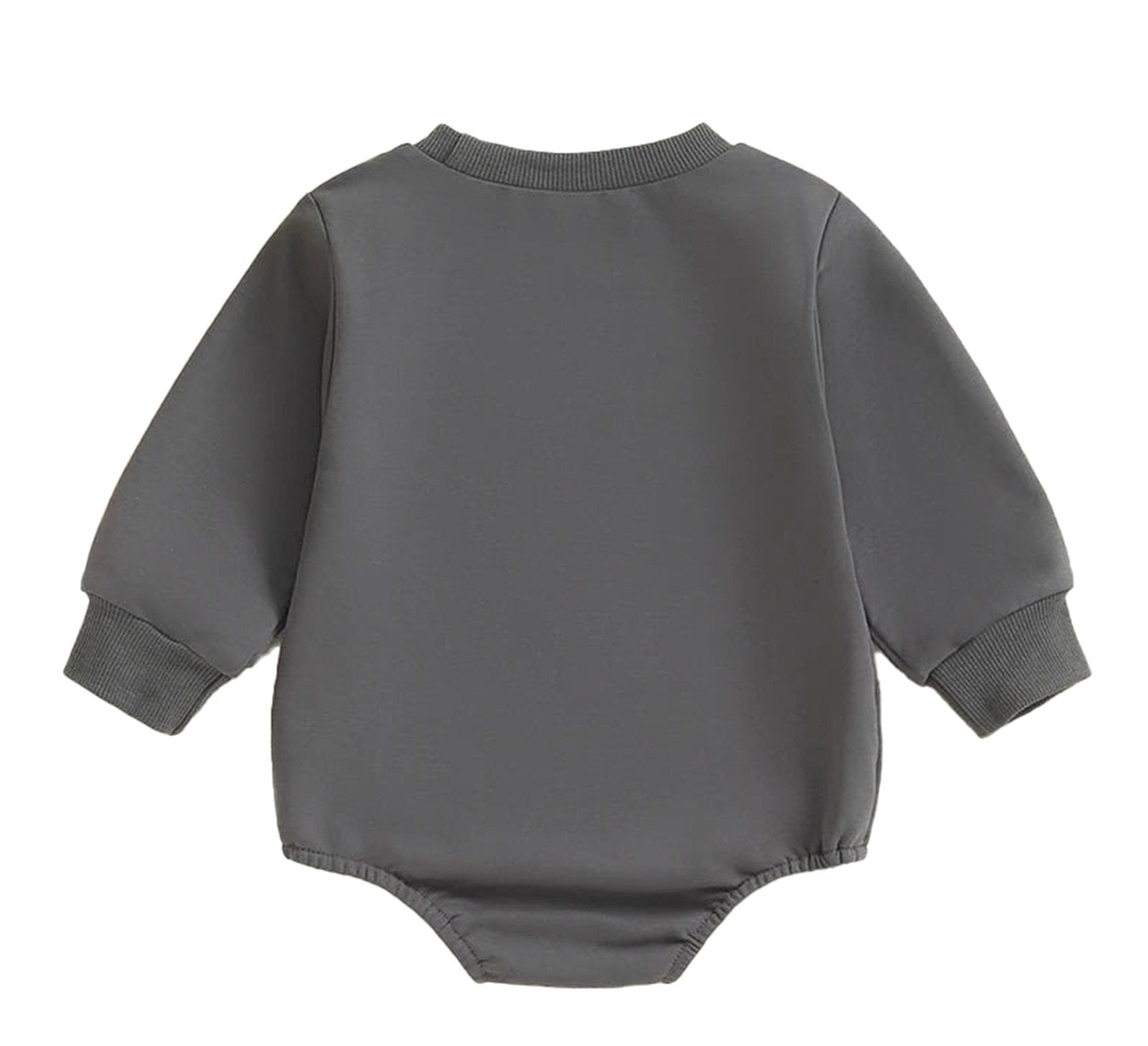 Back view of a gray baby boy Halloween romper with long sleeves and soft fabric
