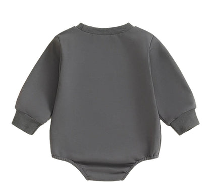 Back view of a gray baby boy Halloween romper with long sleeves and soft fabric