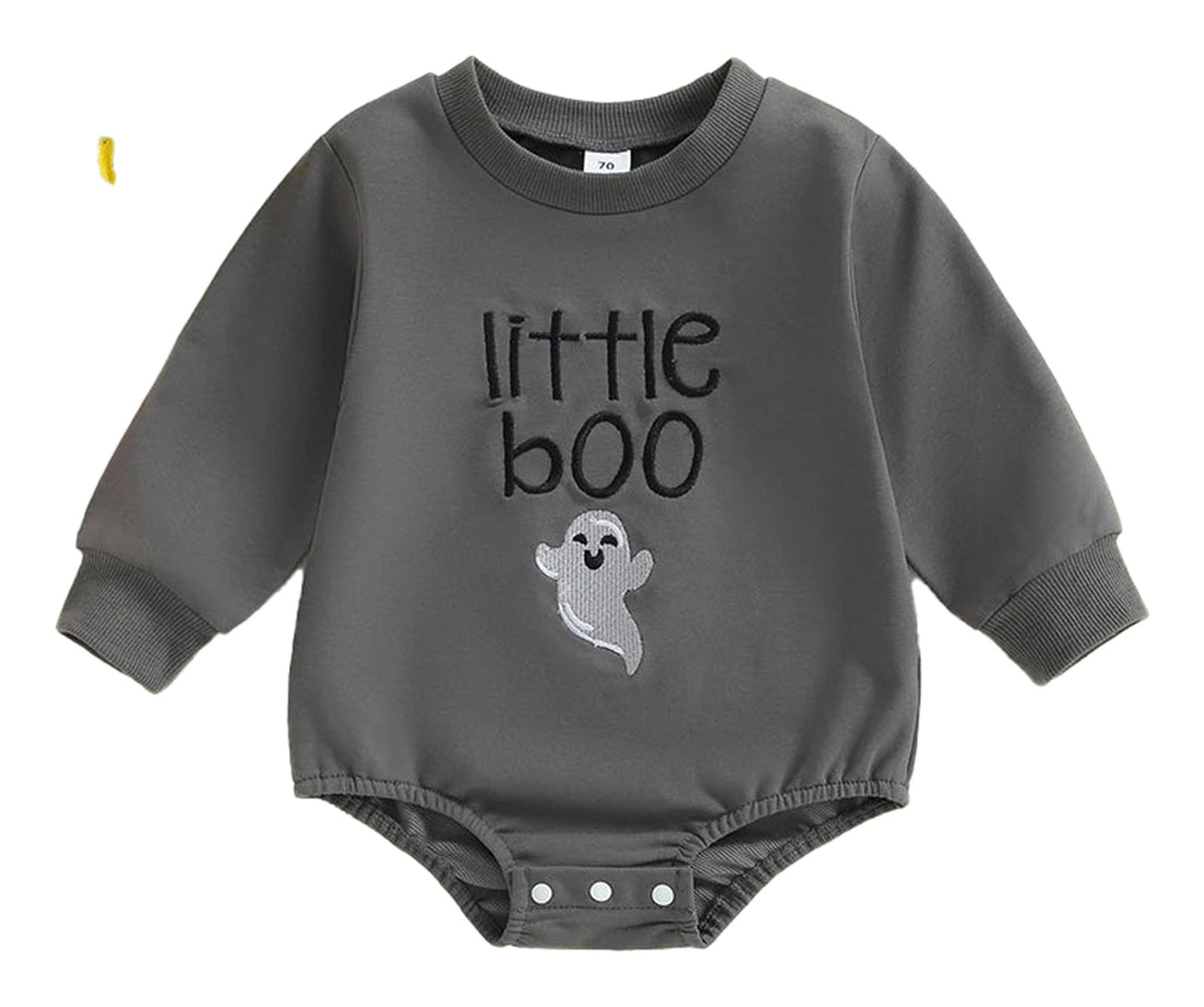 Baby boy Halloween romper in gray with ghost design and little boo text, perfect for festive occasions
