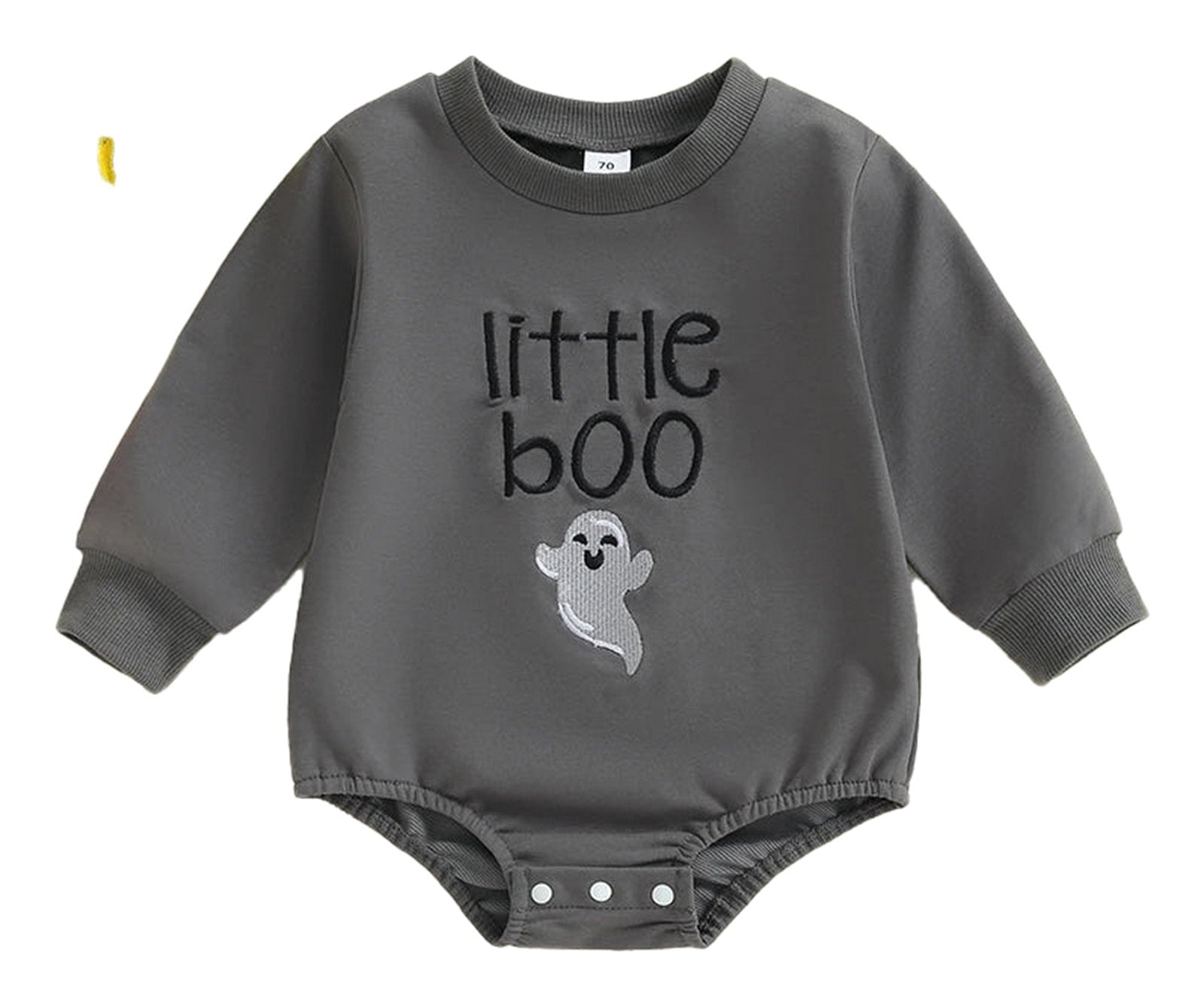 Baby boy Halloween romper in gray with ghost design and little boo text, perfect for festive occasions