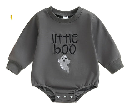 Baby boy Halloween romper in gray with ghost design and little boo text, perfect for festive occasions
