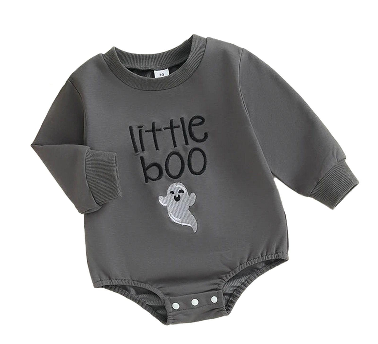 Cute gray baby boy Halloween romper with a ghost design and the text little boo