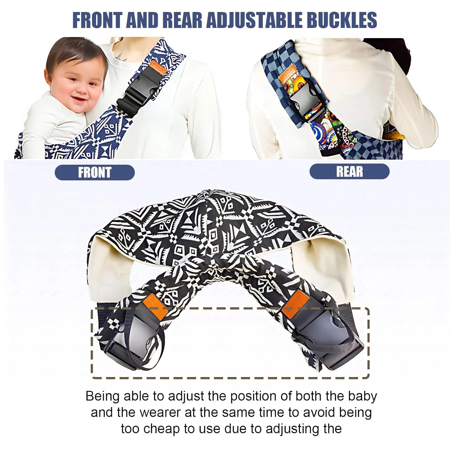 LuckeLadybug baby carrier with front and rear adjustable buckles for comfortable positioning