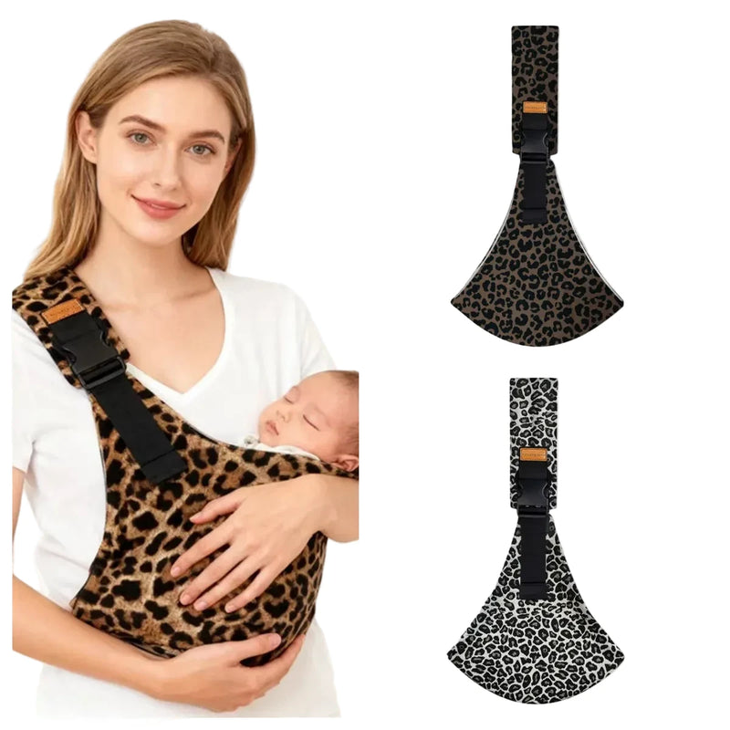LuckeLadybug LLC baby carrier in leopard print with adjustable strap for comfortable carrying