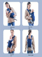 LuckeLadybug baby carrier shown in four styles: horizontal hug, front hug, kangaroo style, and back type