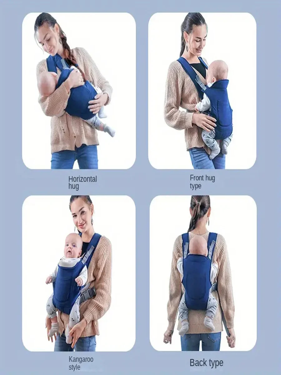 LuckeLadybug baby carrier shown in four styles: horizontal hug, front hug, kangaroo style, and back type