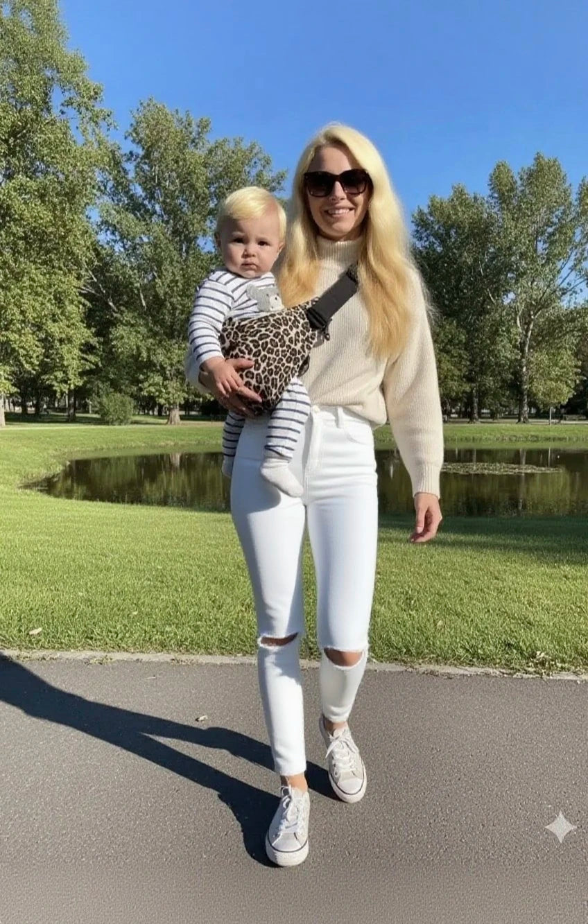 LuckeLadybug LLC baby carrier worn by a woman carrying a baby in a park setting