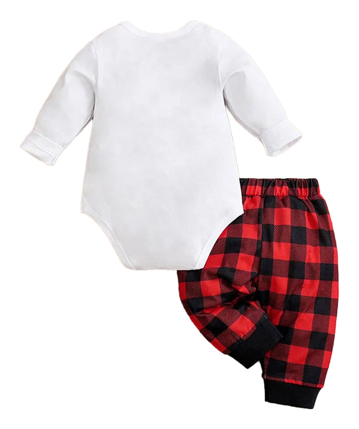 LuckeLadybug LLC baby Christmas outfit set featuring a white long-sleeve onesie and red plaid pants