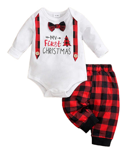 LuckeLadybug LLC Baby Christmas Outfit Set with My First Christmas Bodysuit and Checkered Pants