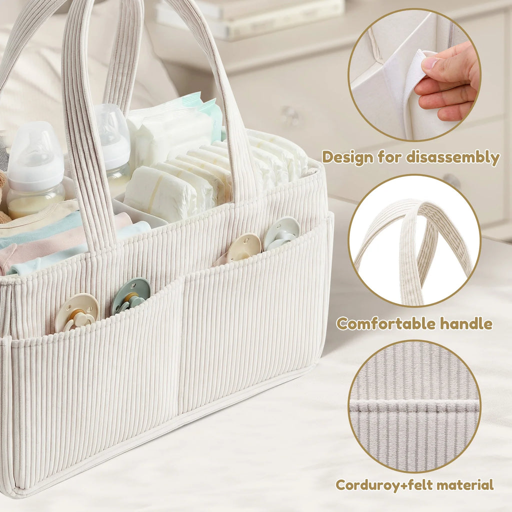 LuckeLadybug diaper caddy made of corduroy and felt, featuring comfortable handles and pockets for baby essentials