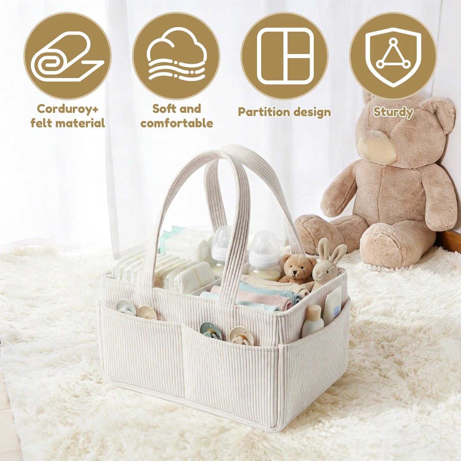 LuckeLadybug diaper caddy made of corduroy felt with a sturdy partition design for easy organization