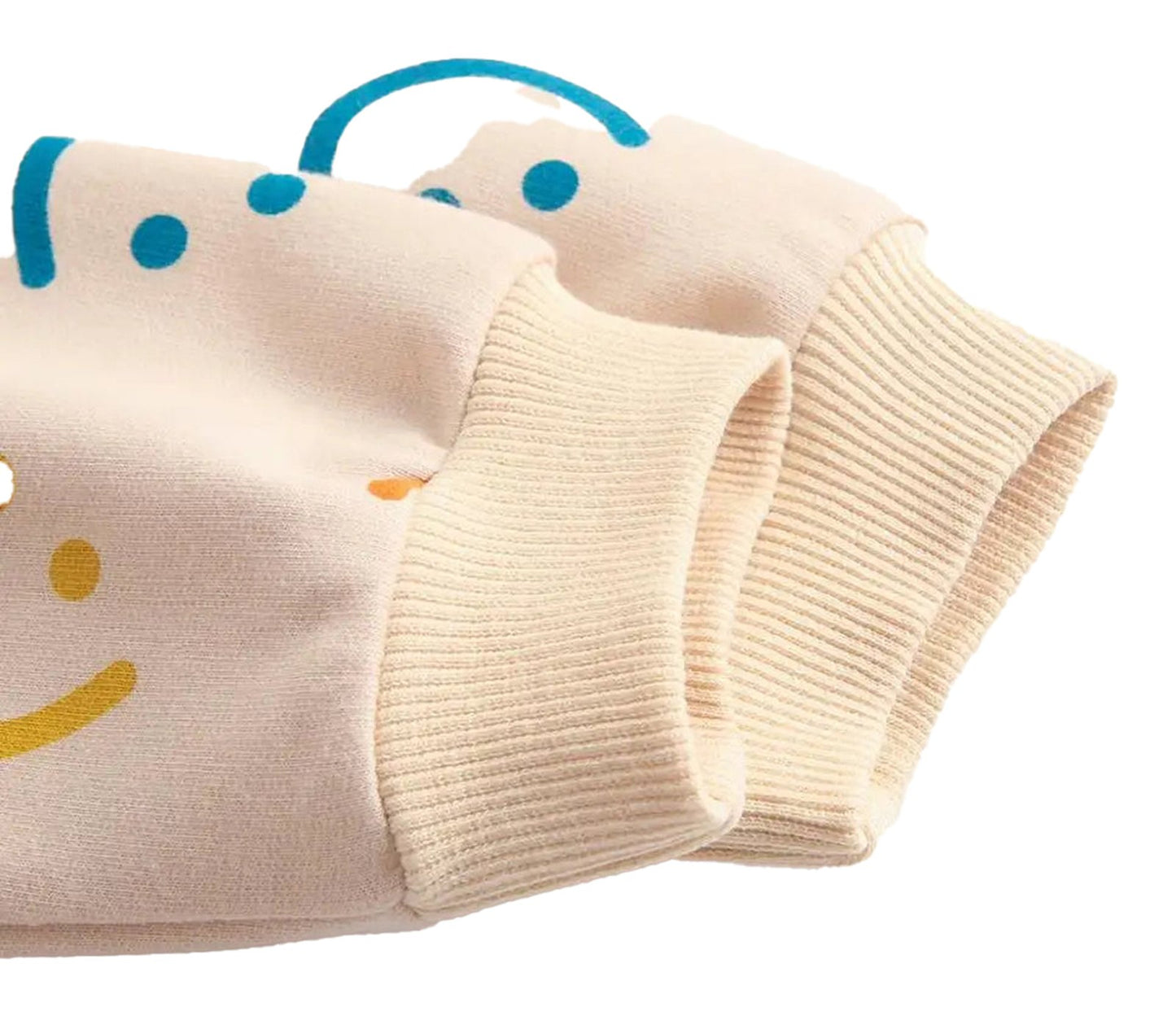 Close-up of sleeves on a baby girl autumn bodysuit featuring playful smiley designs in blue and yellow