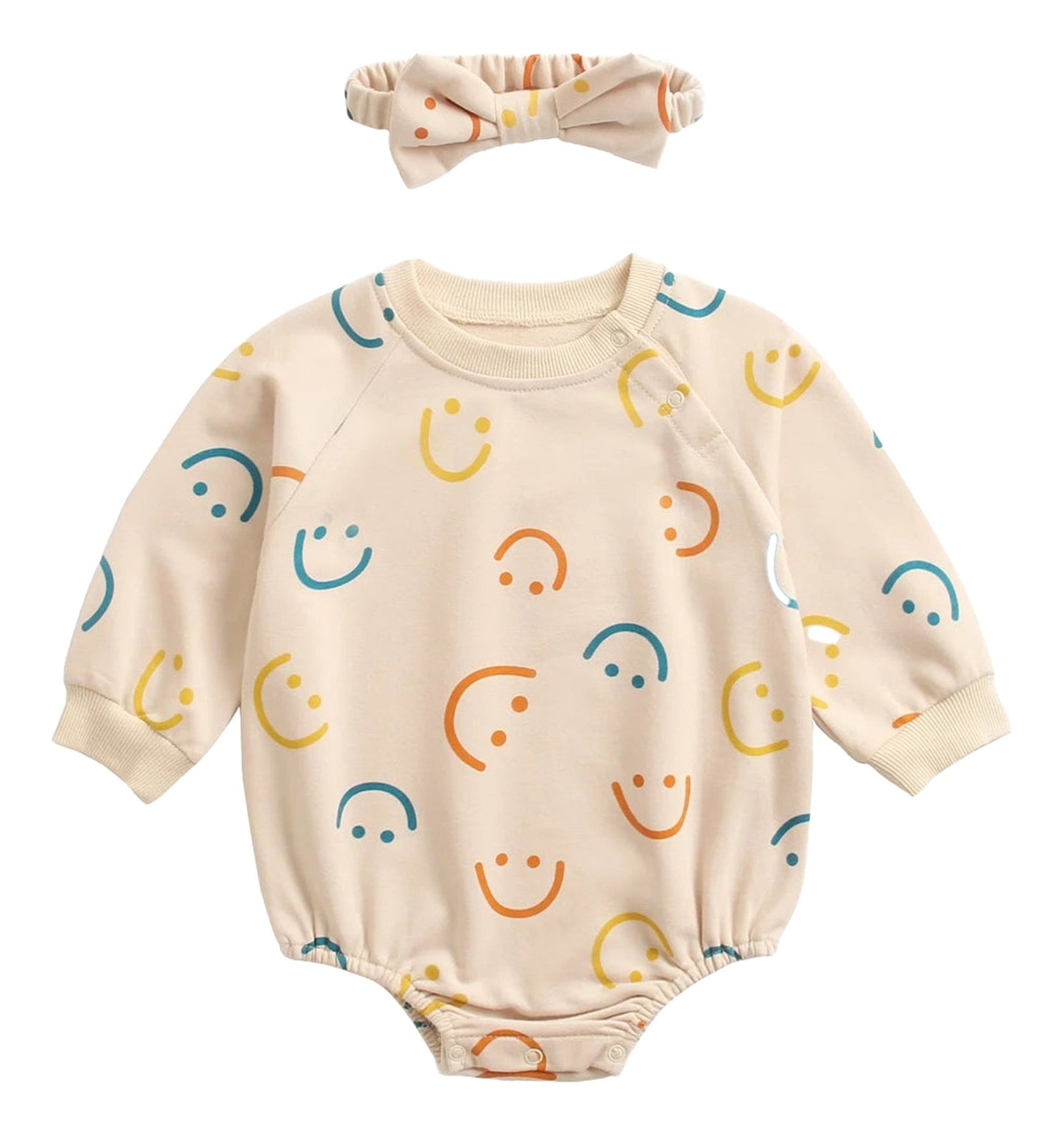 LuckeLadybug baby girl autumn bodysuit with cheerful smiley face design and matching headband