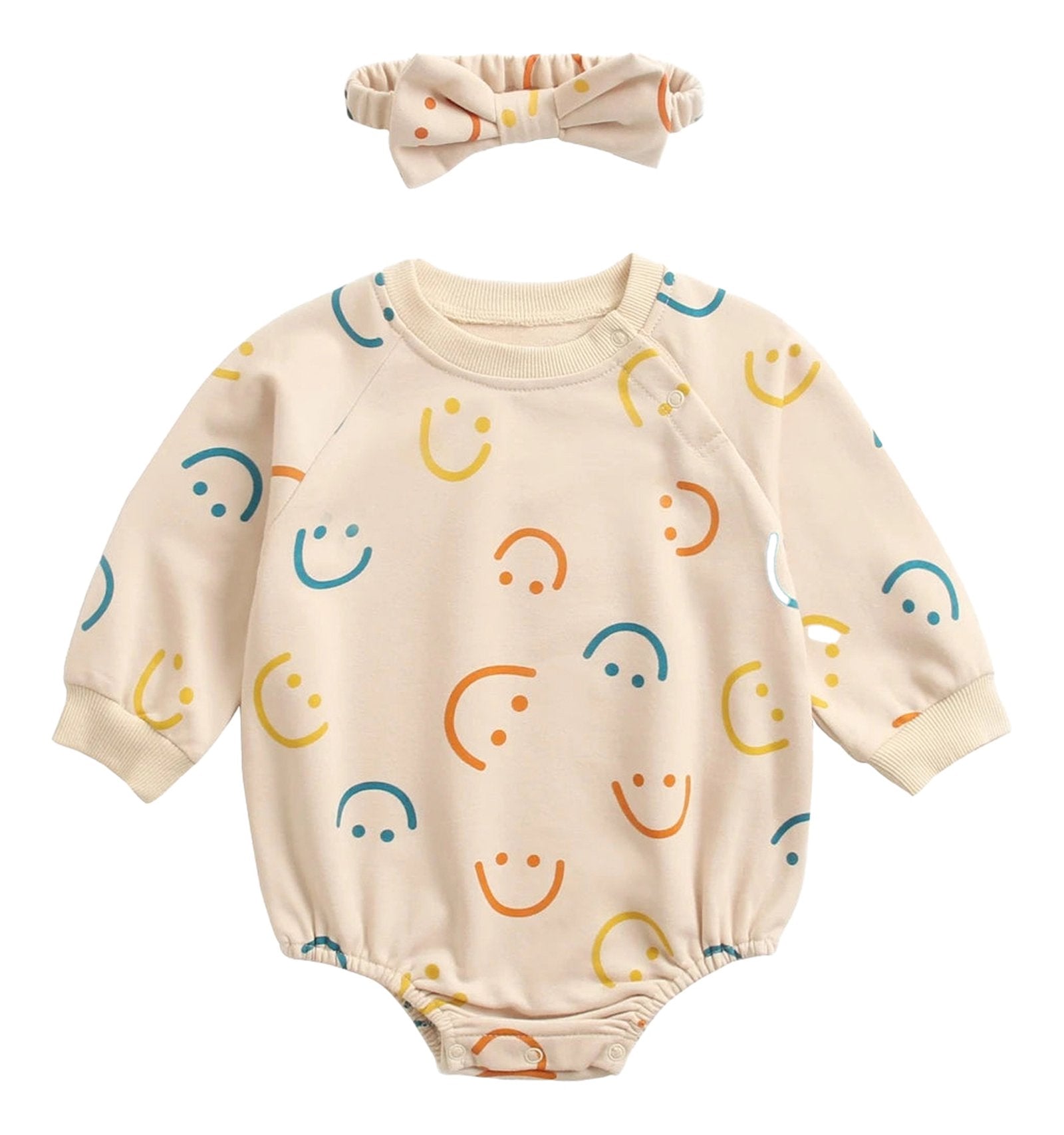 LuckeLadybug baby girl autumn bodysuit with cheerful smiley face design and matching headband