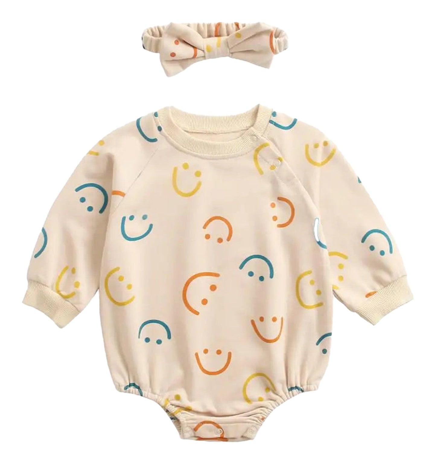 Cute baby girl autumn bodysuit with smiley face print and matching headband for stylish outfits